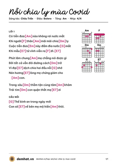 Hợp âm Nỗi chia ly mùa Covid (Mai Quốc Huy) – bản nhạc PDF trang 1, tông Am
