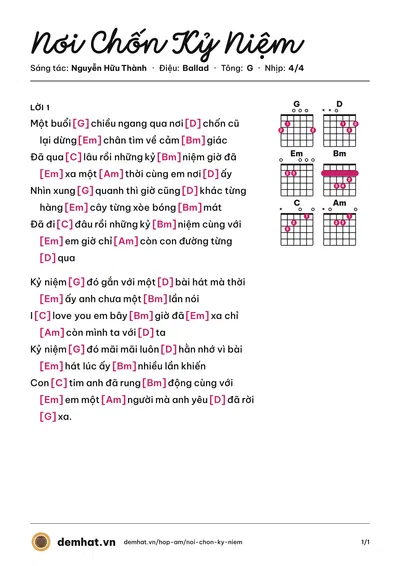 Hợp âm Nơi Chốn Kỷ Niệm (Nguyễn Hữu Thành) – bản nhạc PDF trang 1, tông G