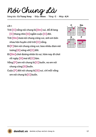 Hợp âm Nói Chung Là (Cù Trọng Xoay) – bản nhạc PDF trang 1, tông C