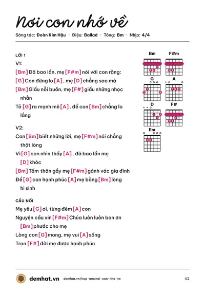 Hợp âm Nơi con nhớ về (Hoàng Đức) – bản nhạc PDF trang 1, tông Bm