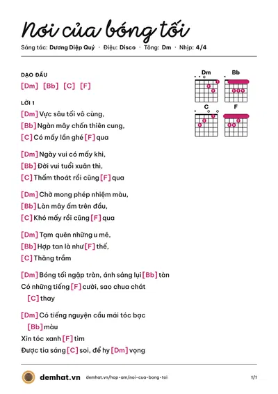 Hợp âm Nơi của bóng tối (Deep Blue Sea) – bản nhạc PDF trang 1, tông Dm