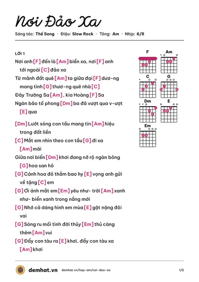 Hợp âm Nơi Đảo Xa (Trọng Tấn) – bản nhạc PDF trang 1, tông Am