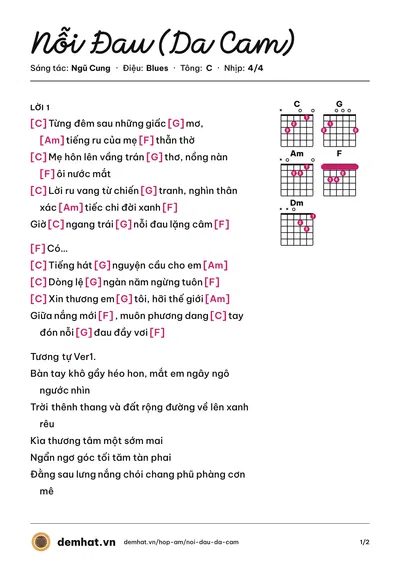 Hợp âm Nỗi Đau (Da Cam) (Ngũ Cung) – bản nhạc PDF trang 1, tông C