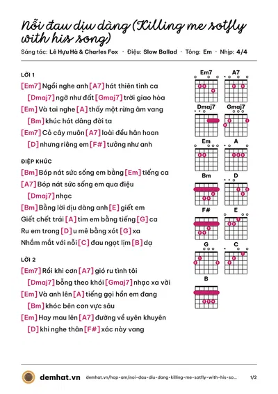 Hợp âm Nỗi đau dịu dàng (Killing me sotfly with his song) (Nhã Phương) – bản nhạc PDF trang 1, tông Em