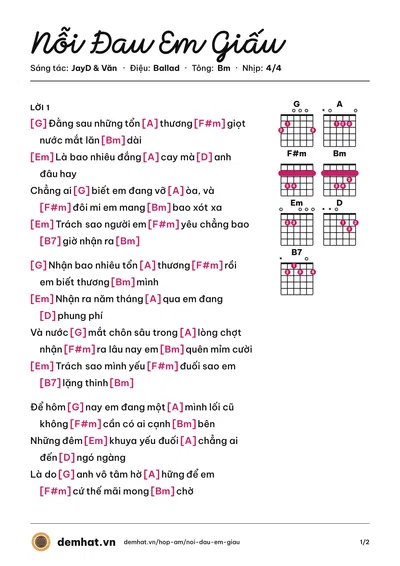 Hợp âm Nỗi Đau Em Giấu (Trung Nghĩa) – bản nhạc PDF trang 1, tông Bm