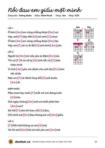 Hợp âm Nỗi đau em giấu một mình (Tường Quân) – bản nhạc PDF trang 1, tông Am