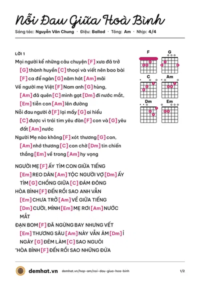Hợp âm Nỗi Đau Giữa Hoà Bình (Hòa Minzy) – bản nhạc PDF trang 1, tông Am