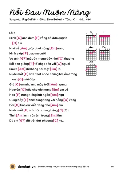 Hợp âm Nỗi Đau Muộn Màng (Ưng Đại Vệ) – bản nhạc PDF trang 1, tông C
