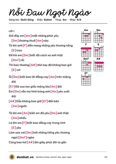 Hợp âm Nỗi Đau Ngọt Ngào (Hương Lan) – bản nhạc PDF trang 1, tông Am