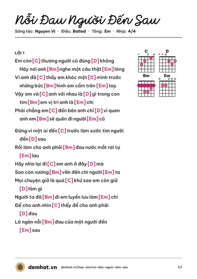 Hợp âm Nỗi Đau Người Đến Sau (Nguyễn Viết Long) – bản nhạc PDF trang 1, tông Em