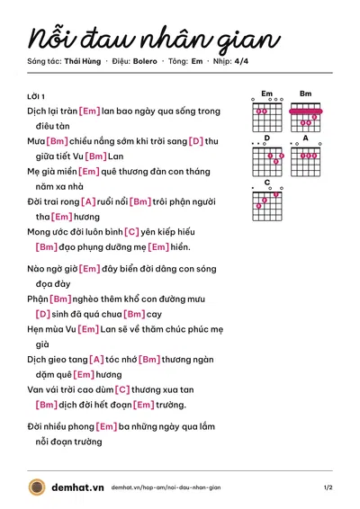 Hợp âm Nỗi đau nhân gian (Thái Hùng) – bản nhạc PDF trang 1, tông Em
