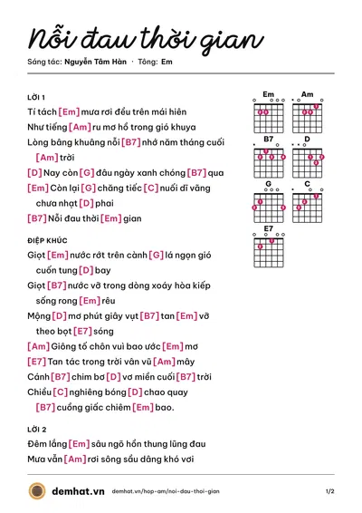 Hợp âm Nỗi đau thời gian (Diệu Hiền) – bản nhạc PDF trang 1, tông Em