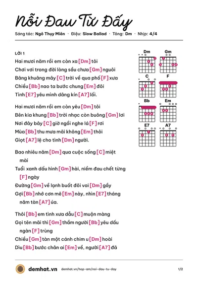 Hợp âm Nỗi Đau Từ Đấy (Trần Thái Hòa) – bản nhạc PDF trang 1, tông Dm