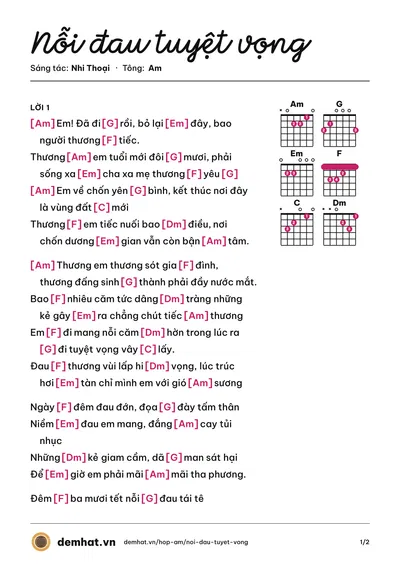 Hợp âm Nỗi đau tuyệt vọng (Nhi Thoại) – bản nhạc PDF trang 1, tông Am