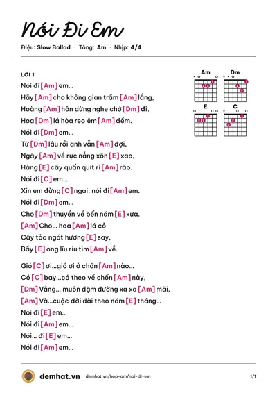 Hợp âm Nói Đi Em (Quân Keyboard) – bản nhạc PDF trang 1, tông Am