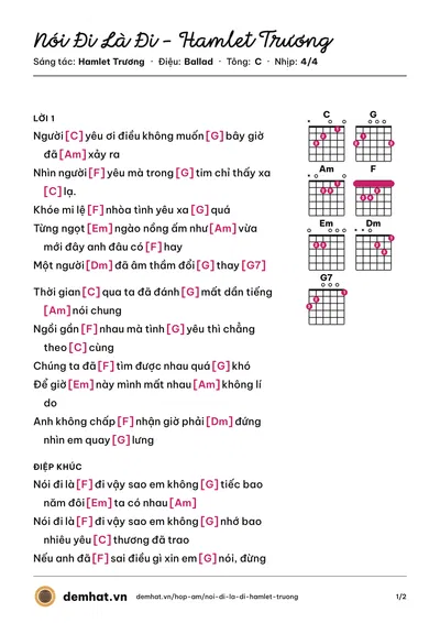 Hợp âm Nói Đi Là Đi - Hamlet Trương (Hamlet Trương) – bản nhạc PDF trang 1, tông C