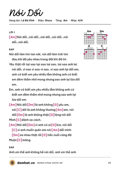 Hợp âm Nói Dối (Phương My) – bản nhạc PDF trang 1, tông Am
