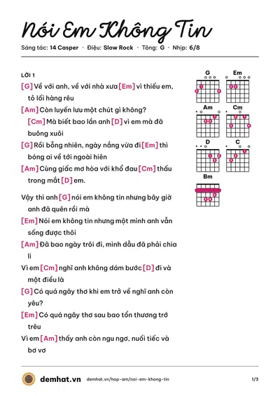 Hợp âm Nói Em Không Tin (Bon) – bản nhạc PDF trang 1, tông G