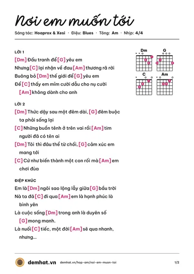Hợp âm Nơi em muốn tới (Xesi) – bản nhạc PDF trang 1, tông Am