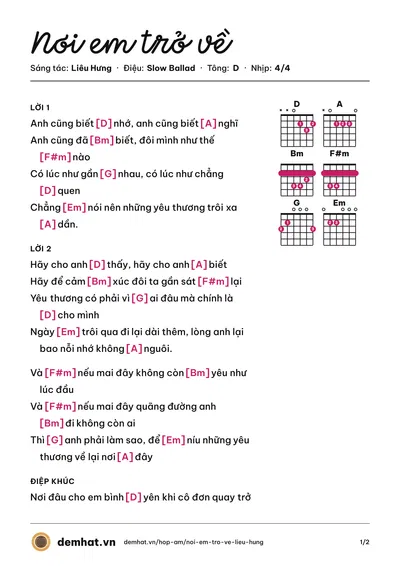 Hợp âm Nơi em trở về (Liêu Hưng) – bản nhạc PDF trang 1, tông D