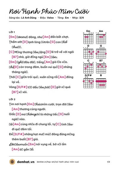 Hợp âm Nơi Hạnh Phúc Mỉm Cười (Thùy Chi) – bản nhạc PDF trang 1, tông Em
