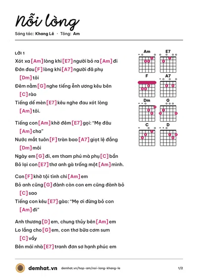 Hợp âm Nỗi lòng (Khang Lê) – bản nhạc PDF trang 1, tông Am