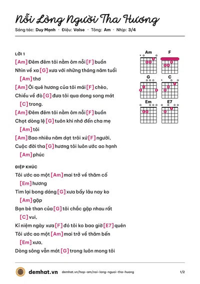 Hợp âm Nỗi Lòng Người Tha Hương (Duy Mạnh) – bản nhạc PDF trang 1, tông Am