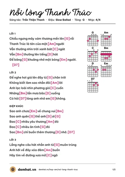 Hợp âm Nỗi lòng Thanh Trúc (Phương Mai) – bản nhạc PDF trang 1, tông G