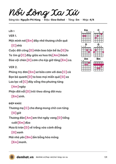 Hợp âm Nổi Lòng Xa Xứ (Nguyễn Phi Hùng) – bản nhạc PDF trang 1, tông Em