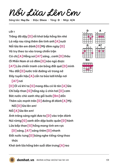 Hợp âm Nổi Lửa Lên Em (Anh Thơ) – bản nhạc PDF trang 1, tông D