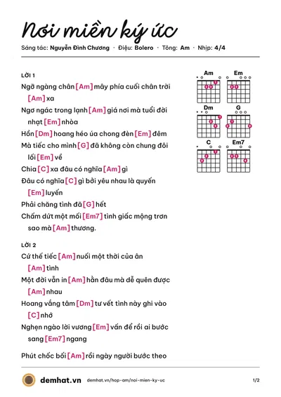 Hợp âm Nơi miền ký ức (Nguyễn Đình Chương) – bản nhạc PDF trang 1, tông Am