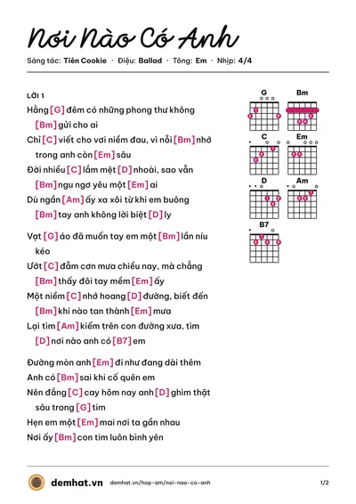 Hợp âm Nơi Nào Có Anh (Bích Phương) – bản nhạc PDF trang 1, tông Em