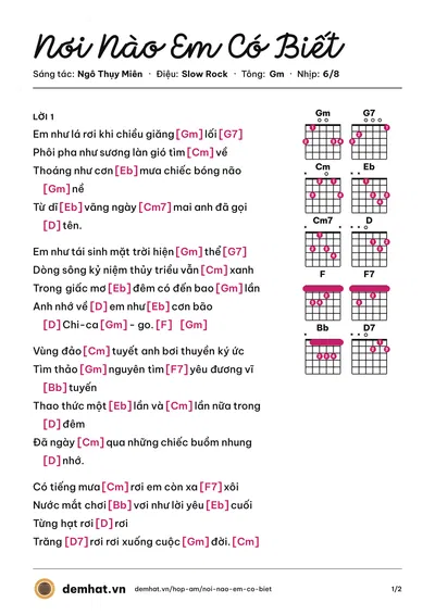 Hợp âm Nơi Nào Em Có Biết (Trần Thái Hòa) – bản nhạc PDF trang 1, tông Gm