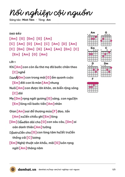Hợp âm Nối nghiệp cội nguồn (Minh Tâm) – bản nhạc PDF trang 1, tông Am