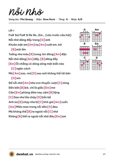 Hợp âm Nỗi Nhớ (Ngọc Anh) – bản nhạc PDF trang 1, tông G
