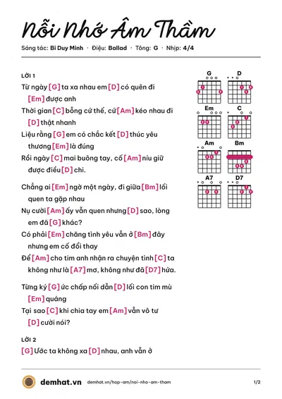 Hợp âm Nỗi Nhớ Âm Thầm (Bi Duy Minh) – bản nhạc PDF trang 1, tông G