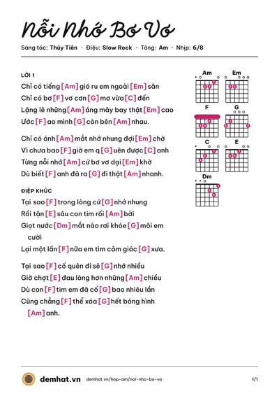 Hợp âm Nỗi Nhớ Bơ Vơ (Thủy Tiên) – bản nhạc PDF trang 1, tông Am