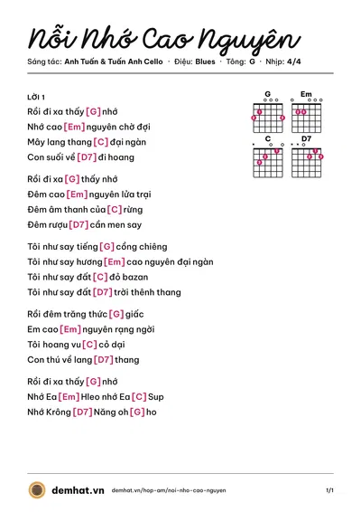 Hợp âm Nỗi Nhớ Cao Nguyên (Hồ Quang Hiếu) – bản nhạc PDF trang 1, tông G