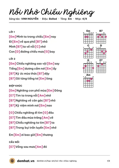 Hợp âm Nỗi Nhớ Chiều Nghiêng (VINH NGUYỄN) – bản nhạc PDF trang 1, tông Em