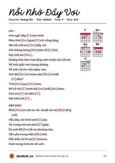 Hợp âm Nỗi Nhớ Đầy Vơi (Hồ Ngọc Hà) – bản nhạc PDF trang 1, tông F