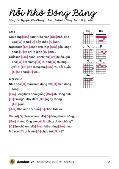 Hợp âm Nỗi Nhớ Đóng Băng (Nam Cường) – bản nhạc PDF trang 1, tông Em