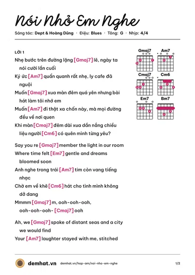 Hợp âm Nói Nhỏ Em Nghe (Hoàng Dũng) – bản nhạc PDF trang 1, tông G
