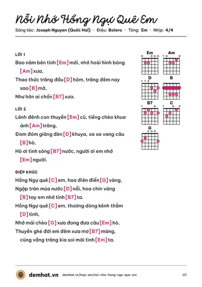 Hợp âm Nỗi Nhớ Hồng Ngự Quê Em (Hà Vân) – bản nhạc PDF trang 1, tông Em
