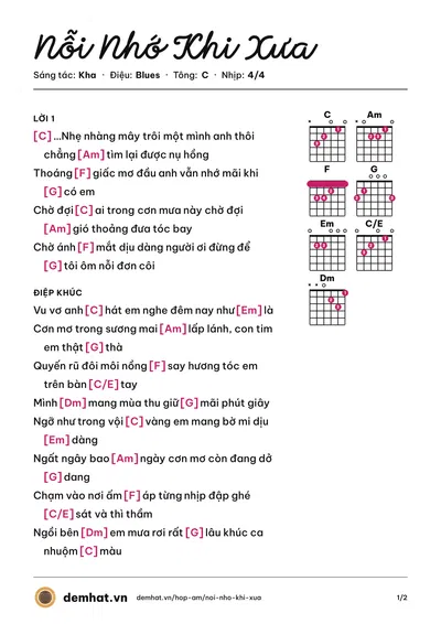 Hợp âm Nỗi Nhớ Khi Xưa (Kha) – bản nhạc PDF trang 1, tông C