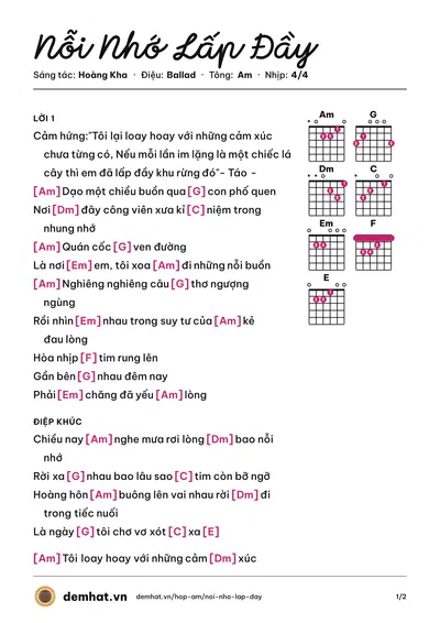 Hợp âm Nỗi Nhớ Lấp Đầy (Hoàng Kha) – bản nhạc PDF trang 1, tông Am
