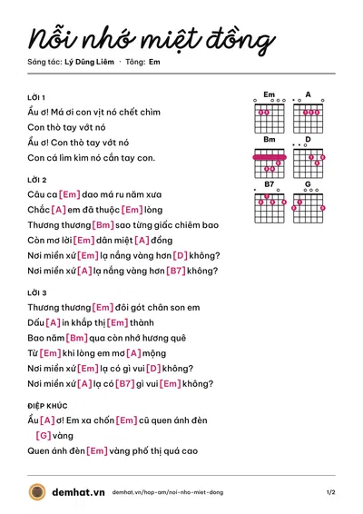 Hợp âm Nỗi nhớ miệt đồng (Lý Dũng Liêm) – bản nhạc PDF trang 1, tông Em