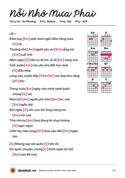Hợp âm Nỗi Nhớ Mưa Phai (Lý Thanh) – bản nhạc PDF trang 1, tông Em