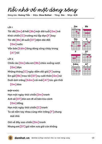 Hợp âm Nỗi nhớ về một dòng sông (Quốc Vượng) – bản nhạc PDF trang 1, tông Dm
