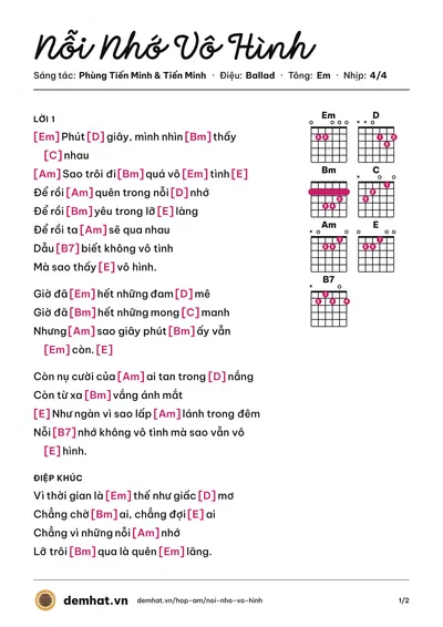 Hợp âm Nỗi Nhớ Vô Hình (Bùi Anh Tuấn) – bản nhạc PDF trang 1, tông Em