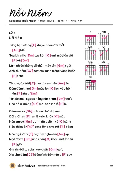 Hợp âm Nỗi Niềm (Ngọc Lan) – bản nhạc PDF trang 1, tông F